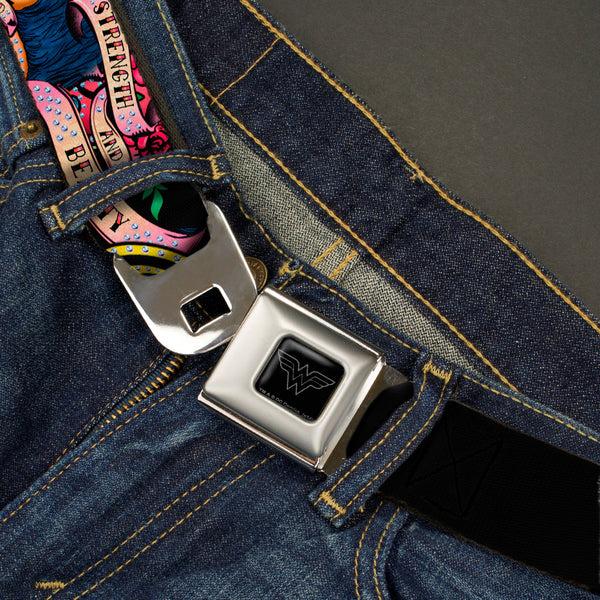 Buckle-Down Wonder Woman Black Silver Seatbelt Belt - WONDER WOMAN/Roses STRENGTH AND BEAUTY Black-Pink Fade Webbing