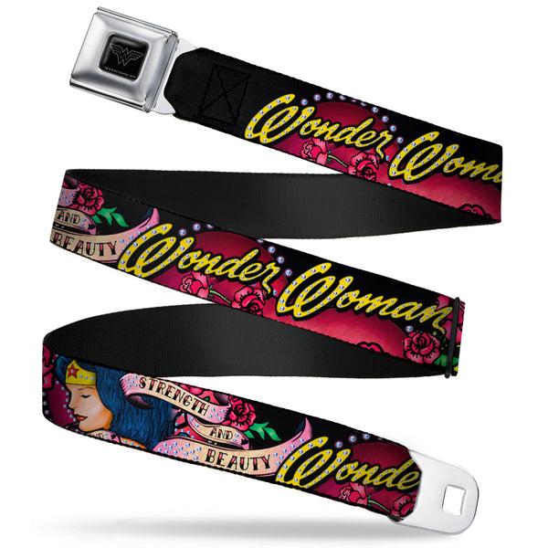 Buckle-Down Wonder Woman Black Silver Seatbelt Belt - WONDER WOMAN/Roses STRENGTH AND BEAUTY Black-Pink Fade Webbing
