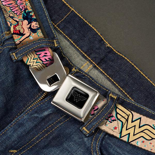 Buckle-Down Wonder Woman Black Silver Seatbelt Belt - Wonder Woman Strength & Power Webbing