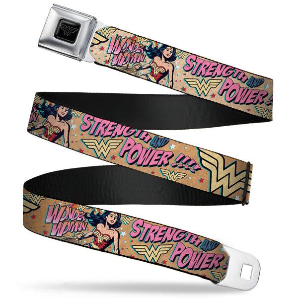 Buckle-Down Wonder Woman Black Silver Seatbelt Belt - Wonder Woman Strength & Power Webbing