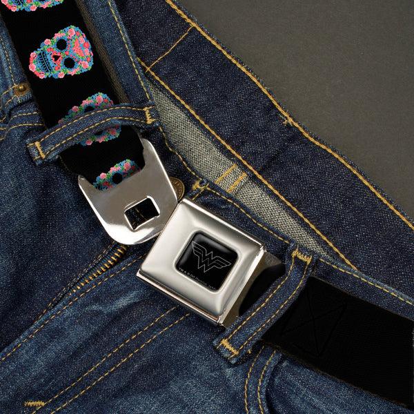 Buckle-Down Wonder Woman Black Silver Seatbelt Belt - Wonder Woman Floral Skull Black/Multi Pastel Webbing