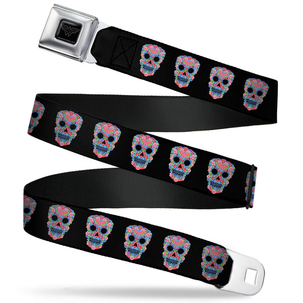 Buckle-Down Wonder Woman Black Silver Seatbelt Belt - Wonder Woman Floral Skull Black/Multi Pastel Webbing