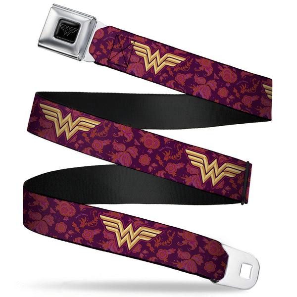 Buckle-Down Wonder Woman Black Silver Seatbelt Belt - Wonder Woman Logo/Floral Collage Purple/Pinks/Gold Webbing