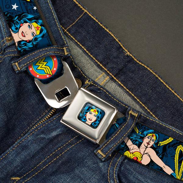 Buckle-Down Wonder Woman Face Comic Full Color Blues Seatbelt Belt - Wonder Woman Face/Poses/Logos/Comic Scenes Blues/Yellow Webbing