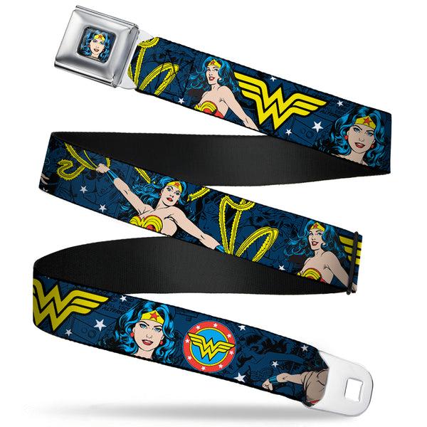 Buckle-Down Wonder Woman Face Comic Full Color Blues Seatbelt Belt - Wonder Woman Face/Poses/Logos/Comic Scenes Blues/Yellow Webbing
