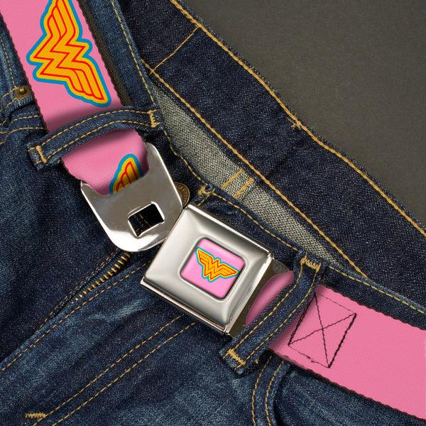 Buckle-Down Wonder Woman Logo Full Color Pink Blue Yellow Pink Seatbelt Belt - Wonder Woman Logo Pink/Blue/Yellow/Pink Webbing