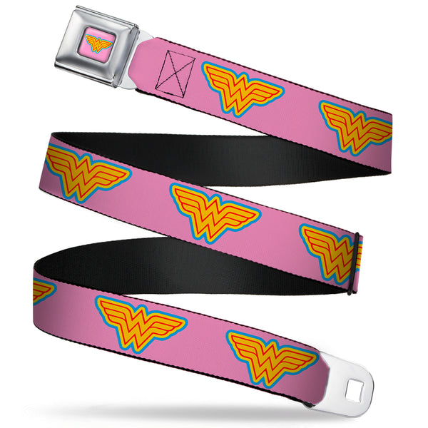 Buckle-Down Wonder Woman Logo Full Color Pink Blue Yellow Pink Seatbelt Belt - Wonder Woman Logo Pink/Blue/Yellow/Pink Webbing