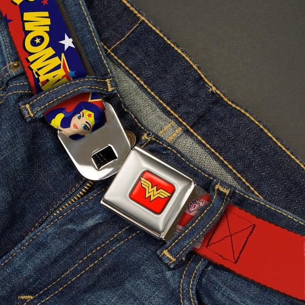 Buckle-Down Wonder Woman Logo Full Color Red Seatbelt Belt - DC Girls WONDER WOMAN 3-Poses/Logo/Stars Red/Gold/Blues/White Webbing