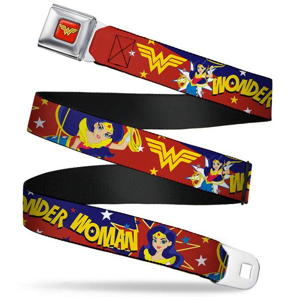 Buckle-Down Wonder Woman Logo Full Color Red Seatbelt Belt - DC Girls WONDER WOMAN 3-Poses/Logo/Stars Red/Gold/Blues/White Webbing