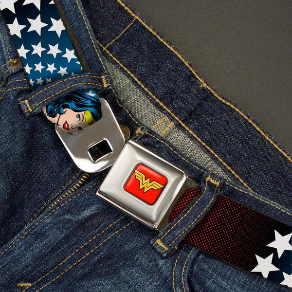 Buckle-Down Wonder Woman Logo Full Color Red Seatbelt Belt - Wonder Woman Face W/Stars Webbing