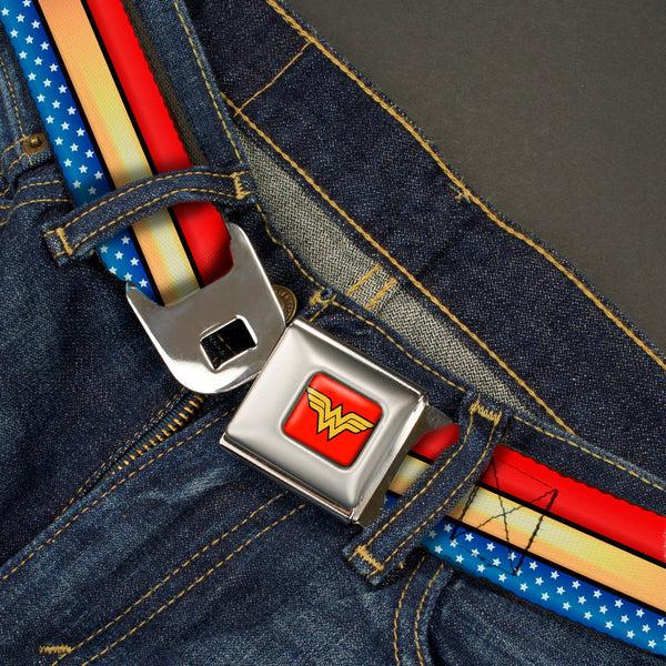Buckle-Down Wonder Woman Logo Full Color Red Seatbelt Belt - Wonder Woman Stripe/Stars Red/Gold/Blue/White Webbing