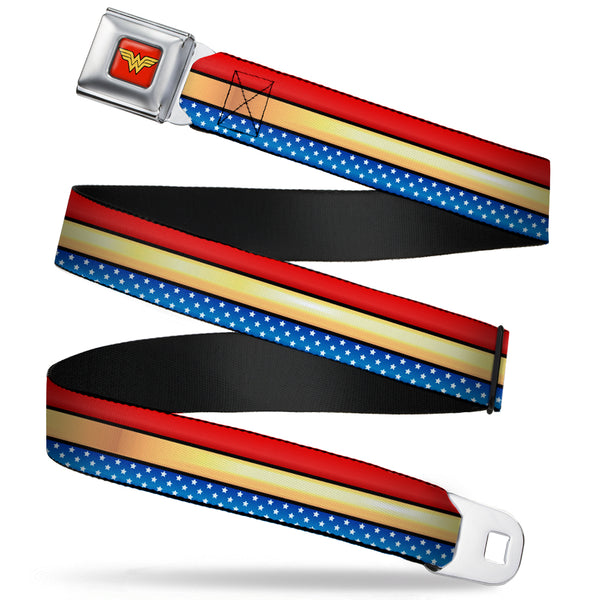 Buckle-Down Wonder Woman Logo Full Color Red Seatbelt Belt - Wonder Woman Stripe/Stars Red/Gold/Blue/White Webbing