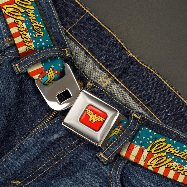 Buckle-Down Wonder Woman Logo Full Color Red Seatbelt Belt - WONDER WOMAN/Logo Americana Red/White/Blue/Yellow Webbing