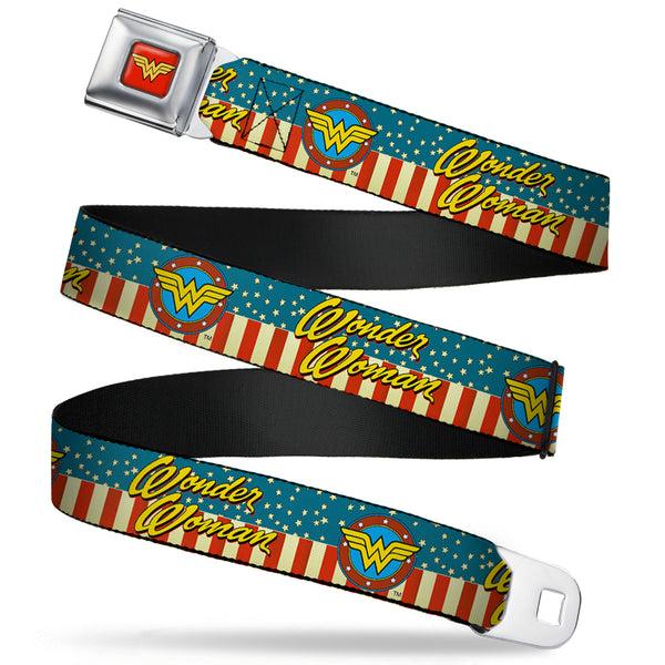 Buckle-Down Wonder Woman Logo Full Color Red Seatbelt Belt - WONDER WOMAN/Logo Americana Red/White/Blue/Yellow Webbing