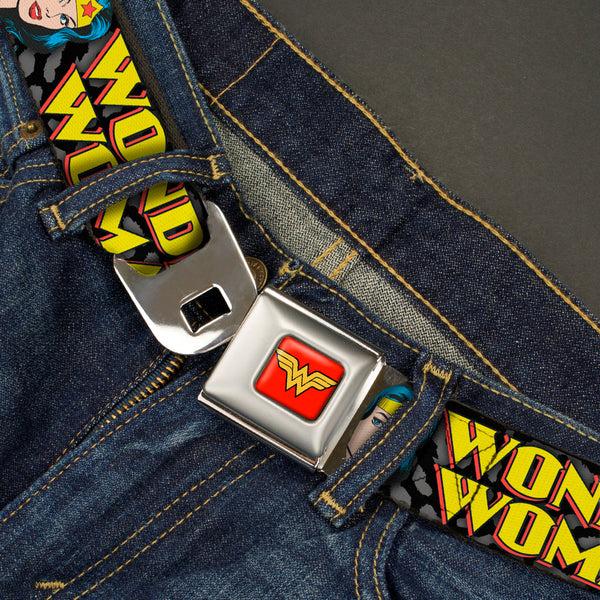 Buckle-Down Wonder Woman Logo Full Color Red Seatbelt Belt - WONDER WOMAN W/Face CLOSE-UP Leopard Black/Gray Webbing