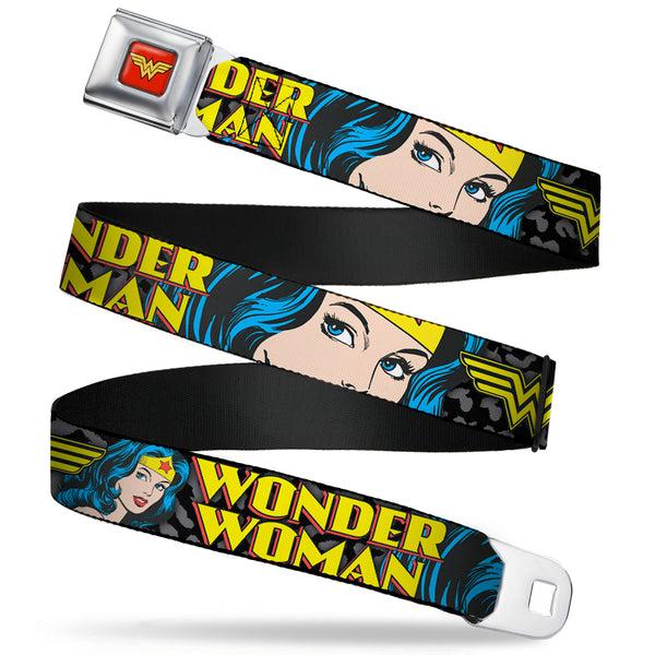 Buckle-Down Wonder Woman Logo Full Color Red Seatbelt Belt - WONDER WOMAN w/Face CLOSE-UP Leopard Black/Gray Webbing