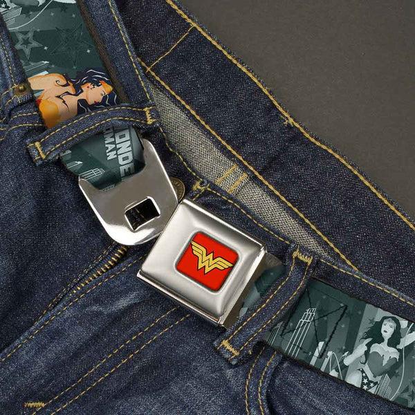 Buckle-Down Wonder Woman Logo Full Color Red Seatbelt Belt - WONDER WOMAN 4-Poses Skyline & Stars Blues Webbing