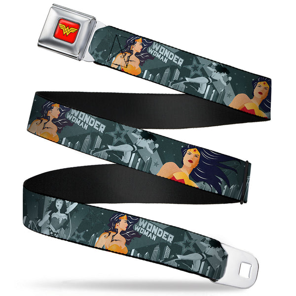 Buckle-Down Wonder Woman Logo Full Color Red Seatbelt Belt - WONDER WOMAN 4-Poses Skyline & Stars Blues Webbing