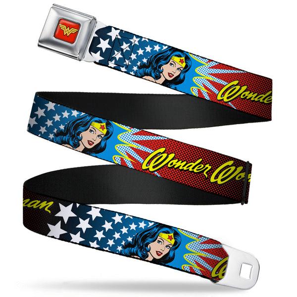 Buckle-Down Wonder Woman Logo Full Color Red Seatbelt Belt - Wonder Woman Face w/Stars Webbing Buckle-Down Wonder Woman Logo Full Color Red Seatbelt Belt - Wonder Woman Face w/Stars Webbing