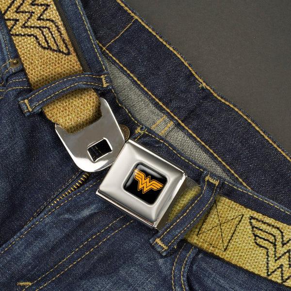 Buckle-Down Wonder Woman Logo Reverse Brushed Black Gold Seatbelt Belt - Wonder Woman Logo Metallic Gold/Black Webbing