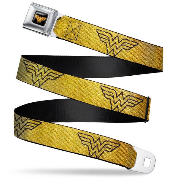Buckle-Down Wonder Woman Logo Reverse Brushed Black Gold Seatbelt Belt - Wonder Woman Logo Metallic Gold/Black Webbing