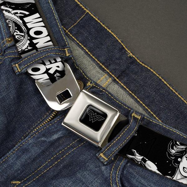 Buckle-Down Wonder Woman Logo Reverse Brushed Seatbelt Belt - WONDER WOMAN Action Pose/Text Collage Black/White/Grays Webbing