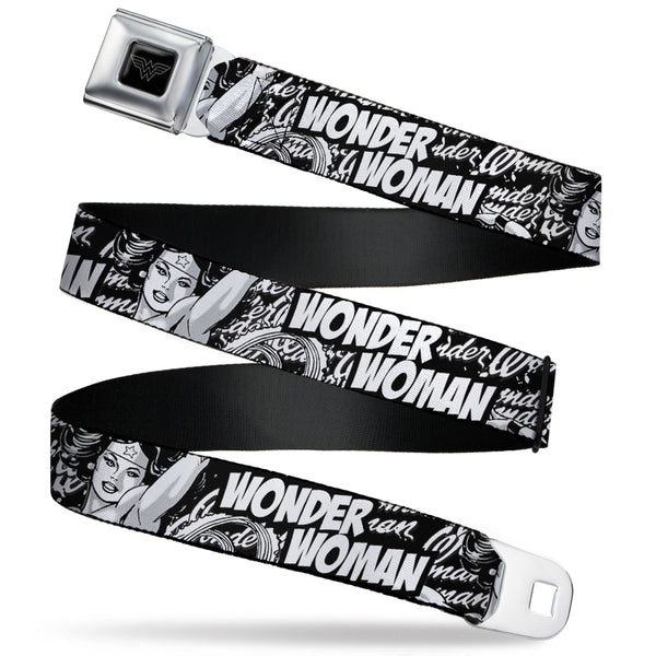 Buckle-Down Wonder Woman Logo Reverse Brushed Seatbelt Belt - WONDER WOMAN Action Pose/Text Collage Black/White/Grays Webbing