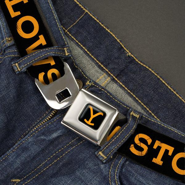 Buckle-Down Yellowstone Y Logo Full Color Black/Orange Seatbelt Belt - YELLOWSTONE Text And Y Logo Weathered Black/Orange Webbing