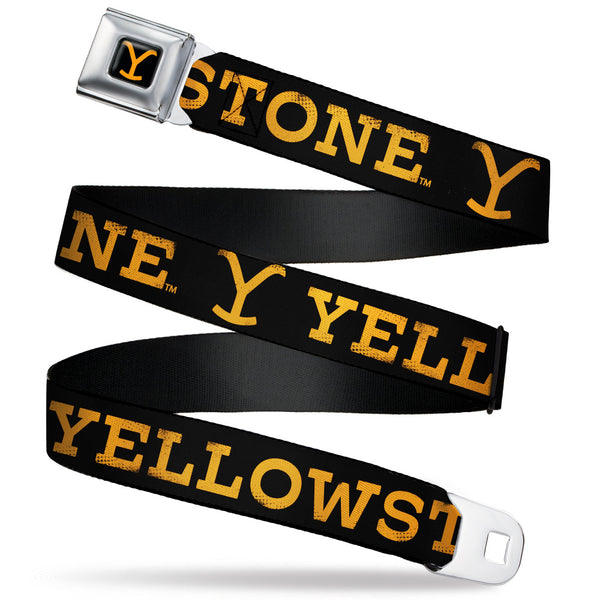 Buckle-Down Yellowstone Y Logo Full Color Black/Orange Seatbelt Belt - YELLOWSTONE Text and Y Logo Weathered Black/Orange Webbing