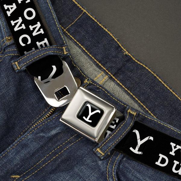 Buckle-Down Yellowstone Y Logo Full Color Black/White Seatbelt Belt - YELLOWSTONE DUTTON RANCH And Logo Black/White Webbing