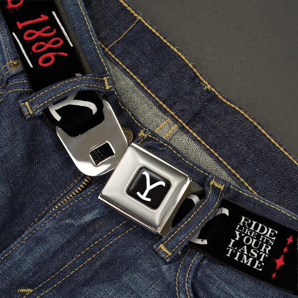 Buckle-Down Yellowstone Y Logo Full Color Black/White Seatbelt Belt - YELLOWSTONE Dutton Ranch 1886 Icons Black/White/Red Webbing
