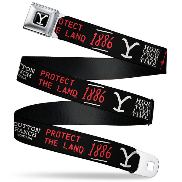 Buckle-Down Yellowstone Y Logo Full Color Black/White Seatbelt Belt - YELLOWSTONE Dutton Ranch 1886 Icons Black/White/Red Webbing