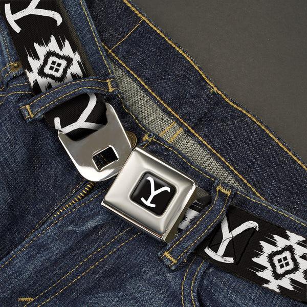 Buckle-Down Yellowstone Y Logo Full Color Black/White Seatbelt Belt - Yellowstone Dutton Ranch And Native American Icons Black/White Webbing
