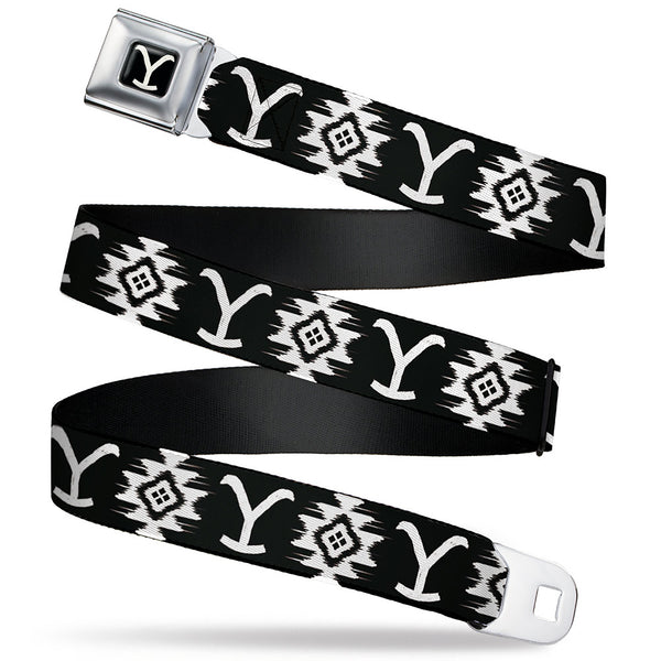 Buckle-Down Yellowstone Y Logo Full Color Black/White Seatbelt Belt - Yellowstone Dutton Ranch and Native American Icons Black/White Webbing