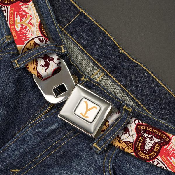 Buckle-Down Yellowstone Y Logo Full Color White/Yellow Seatbelt Belt - Yellowstone Patches Stacked Browns/Reds/Yellows Webbing
