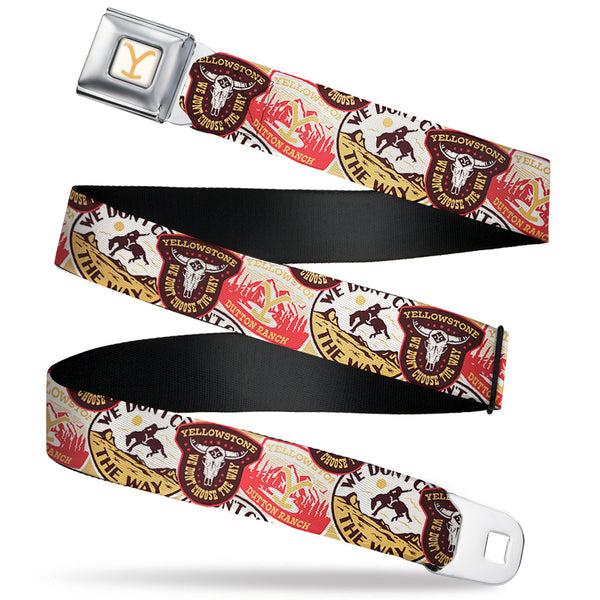 Buckle-Down Yellowstone Y Logo Full Color White/Yellow Seatbelt Belt - Yellowstone Patches Stacked Browns/Reds/Yellows Webbing