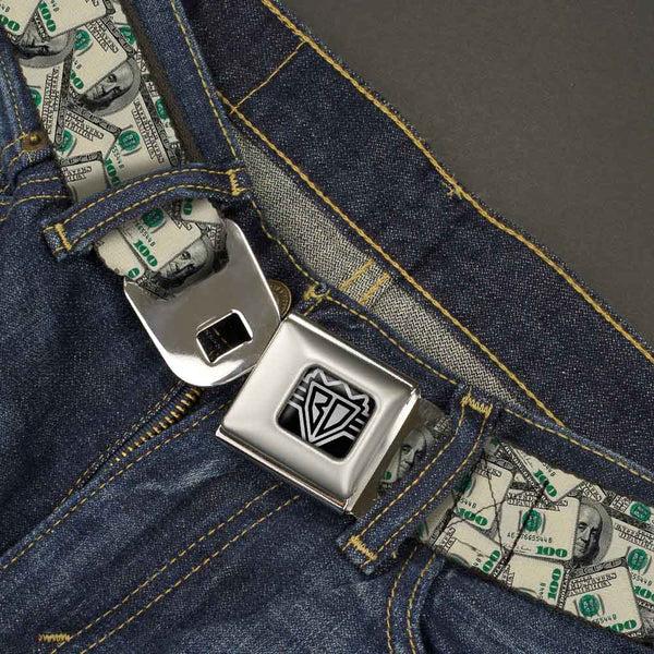 Buckle-Down BD Wings Logo CLOSE-UP Full Color Black Silver Seatbelt Belt - Benjamins Webbing