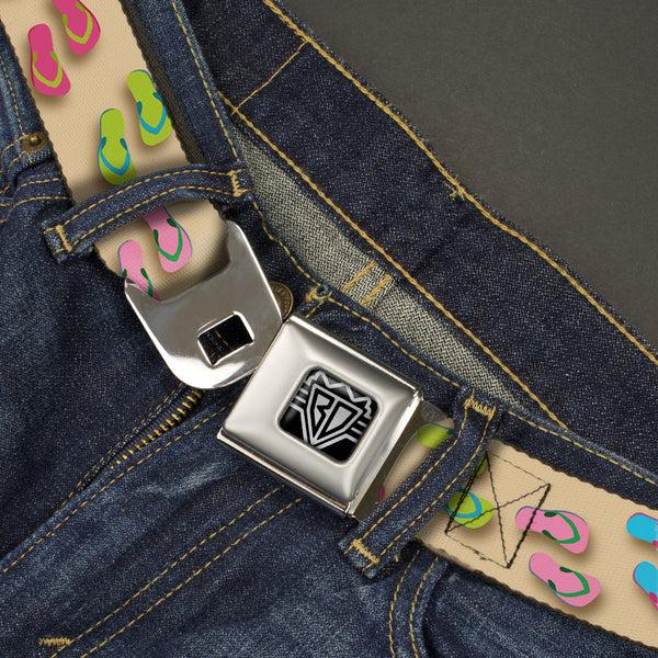 Buckle-Down BD Wings Logo CLOSE-UP Full Color Black Silver Seatbelt Belt - Flip Flops3 Sand/Multi Color Webbing
