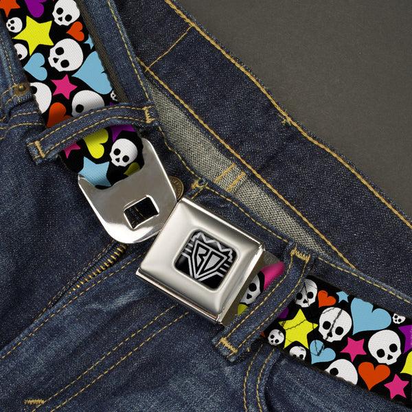 Buckle-Down BD Wings Logo CLOSE-UP Full Color Black Silver Seatbelt Belt - Funky Skulls Hearts & Stars Black/Multi Color Webbing