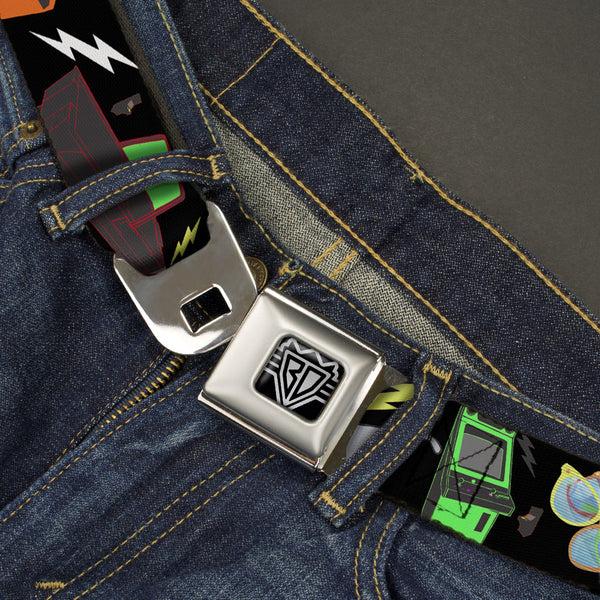 Buckle-Down BD Wings Logo CLOSE-UP Full Color Black Silver Seatbelt Belt - Eighties Arcade Black Webbing