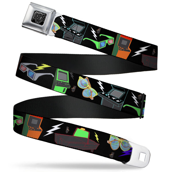 Buckle-Down BD Wings Logo CLOSE-UP Full Color Black Silver Seatbelt Belt - Eighties Arcade Black Webbing