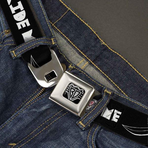 Buckle-Down BD Wings Logo CLOSE-UP Full Color Black Silver Seatbelt Belt - RIDE ME Surfboard Black/White Webbing