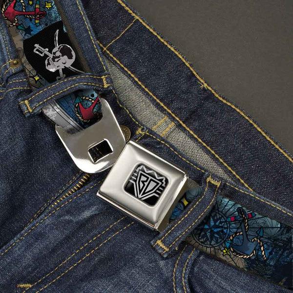Buckle-Down BD Wings Logo CLOSE-UP Full Color Black Silver Seatbelt Belt - Dead Men Tell No Tales CLOSE-UP Turquoise Webbing