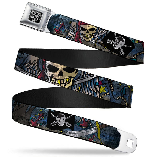 Buckle-Down BD Wings Logo CLOSE-UP Full Color Black Silver Seatbelt Belt - Dead Men Tell No Tales CLOSE-UP Turquoise Webbing