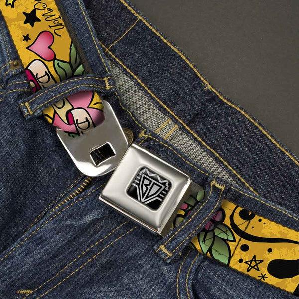 Buckle-Down BD Wings Logo CLOSE-UP Full Color Black Silver Seatbelt Belt - Dad & Dad Yellow Webbing