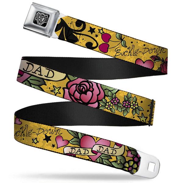 Buckle-Down BD Wings Logo CLOSE-UP Full Color Black Silver Seatbelt Belt - Dad & Dad Yellow Webbing