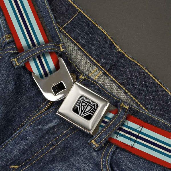 Buckle-Down BD Wings Logo CLOSE-UP Full Color Black Silver Seatbelt Belt - Stripes Red/Blues/White Webbing