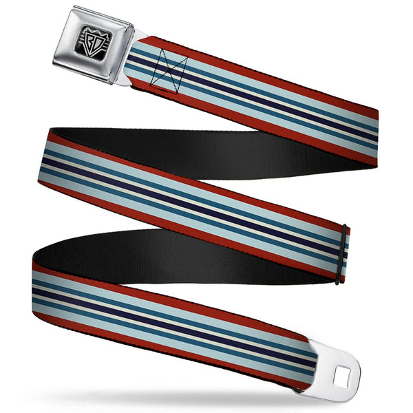 Buckle-Down BD Wings Logo CLOSE-UP Full Color Black Silver Seatbelt Belt - Stripes Red/Blues/White Webbing
