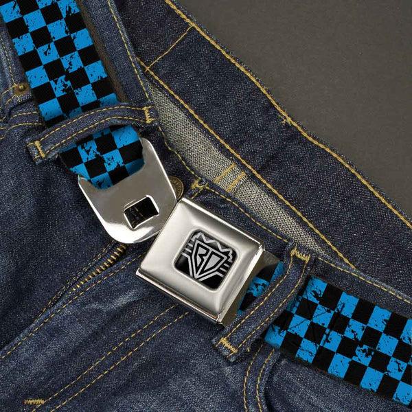 Buckle-Down BD Wings Logo CLOSE-UP Full Color Black Silver Seatbelt Belt - Checker Weathered Black/Turquoise Webbing