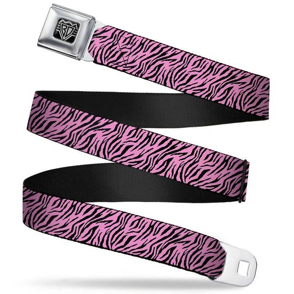Buckle-Down BD Wings Logo CLOSE-UP Full Color Black Silver Seatbelt Belt - Zebra 2 Baby Pink Webbing